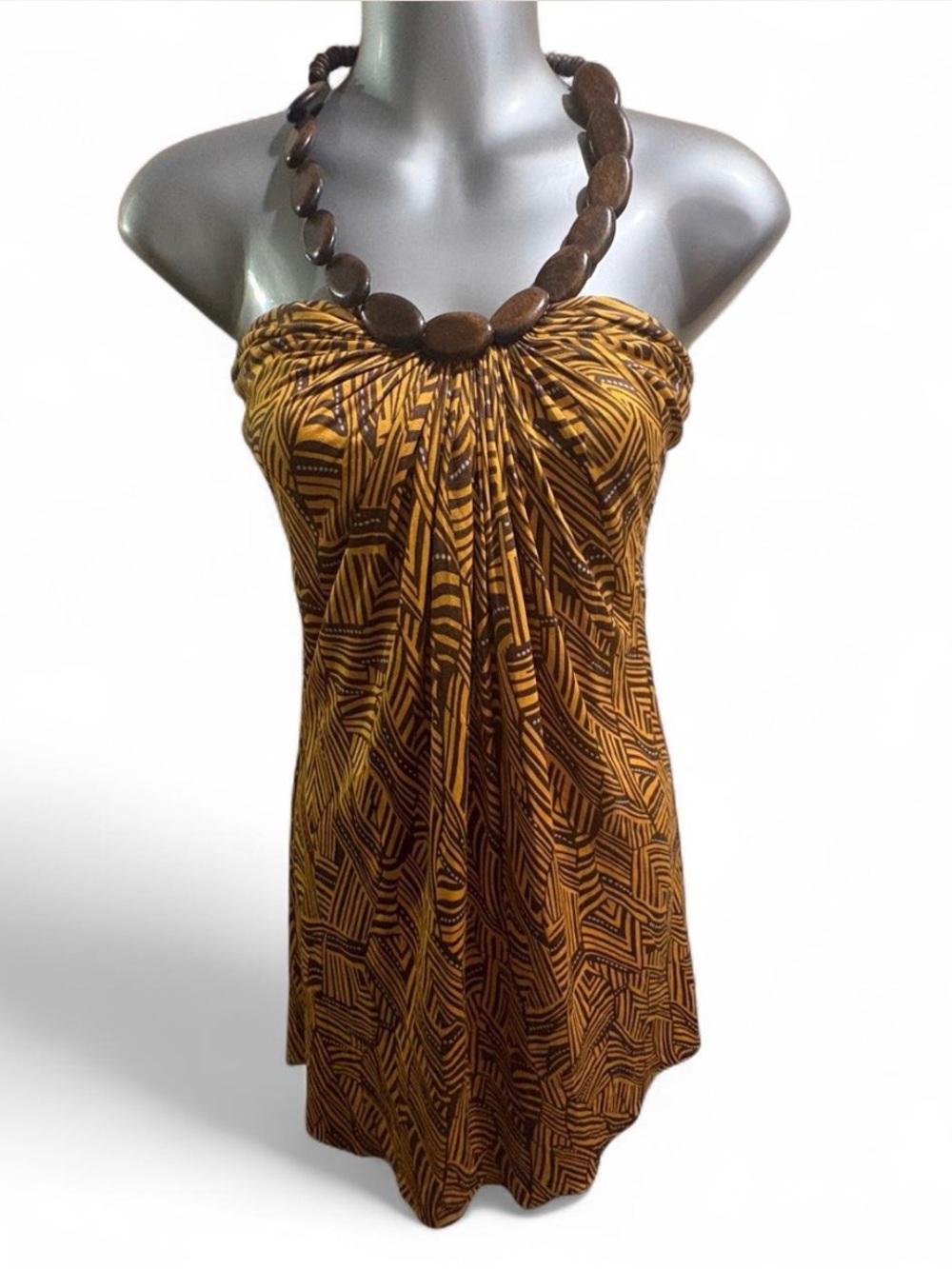 Sky halter wooden beaded Silk Brown & Mustard Geometric Strapless Sundress Sz S
